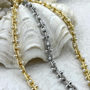 Brass Multilink Chain with Pearls, Gold, Matte Gold, Silver Finishes