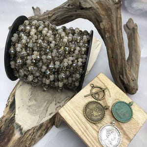 Mixed Crystal W/Decorative Caps Clear and Beige Rosary Chain, Round & Rondelle mix. Mixed 8mm and 6mm with Bronze pin, by the foot