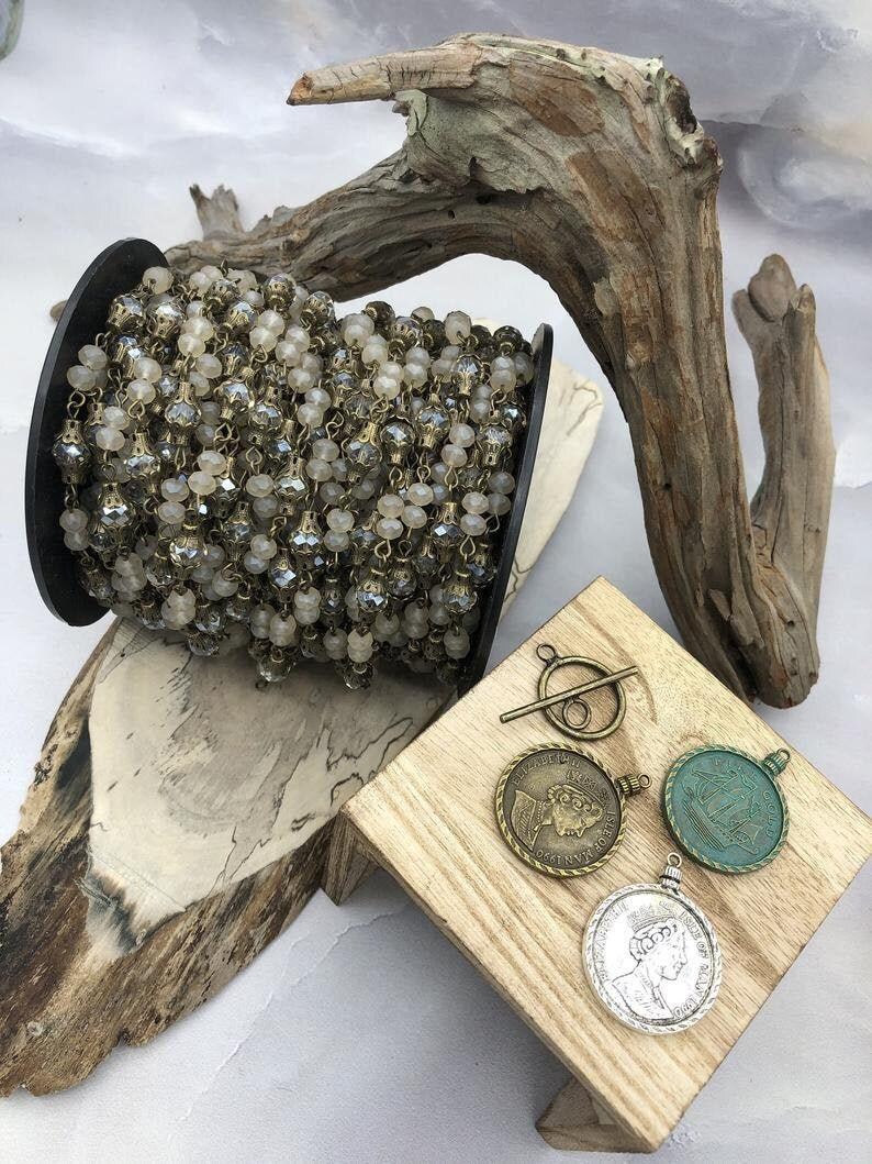 Mixed Crystal W/Decorative Caps Clear and Beige Rosary Chain, Round & Rondelle mix. Mixed 8mm and 6mm with Bronze pin, by the foot
