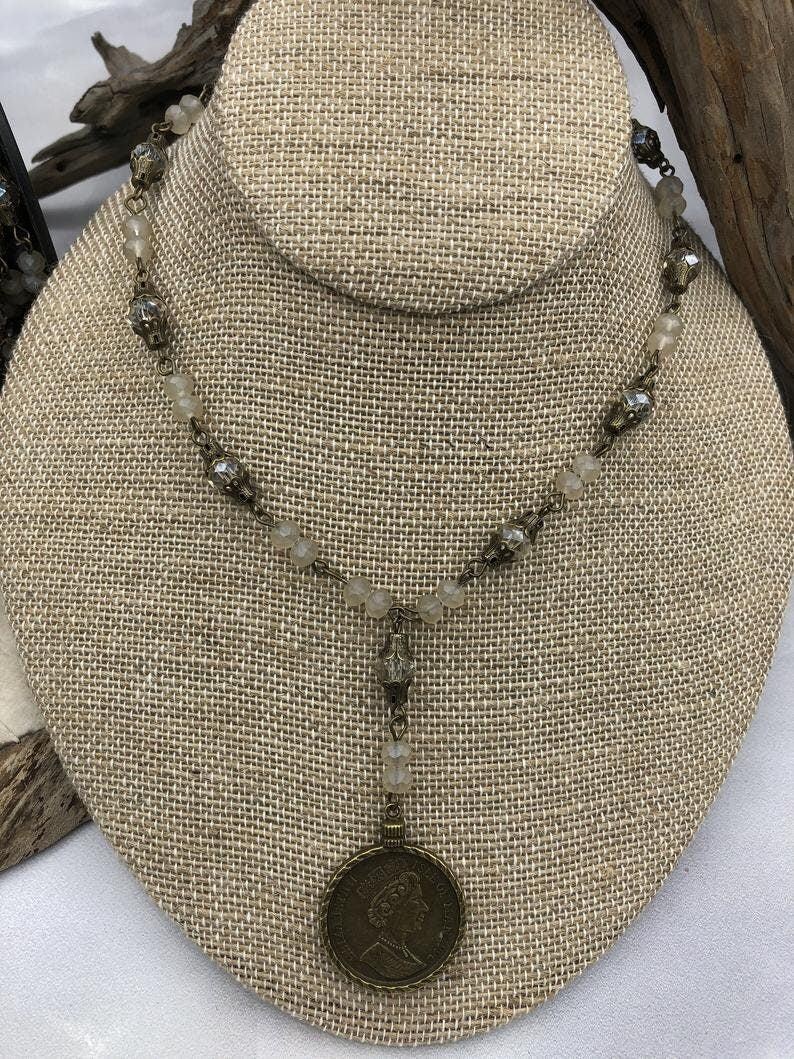 Mixed Crystal W/Decorative Caps Clear and Beige Rosary Chain, Round & Rondelle mix. Mixed 8mm and 6mm with Bronze pin, by the foot
