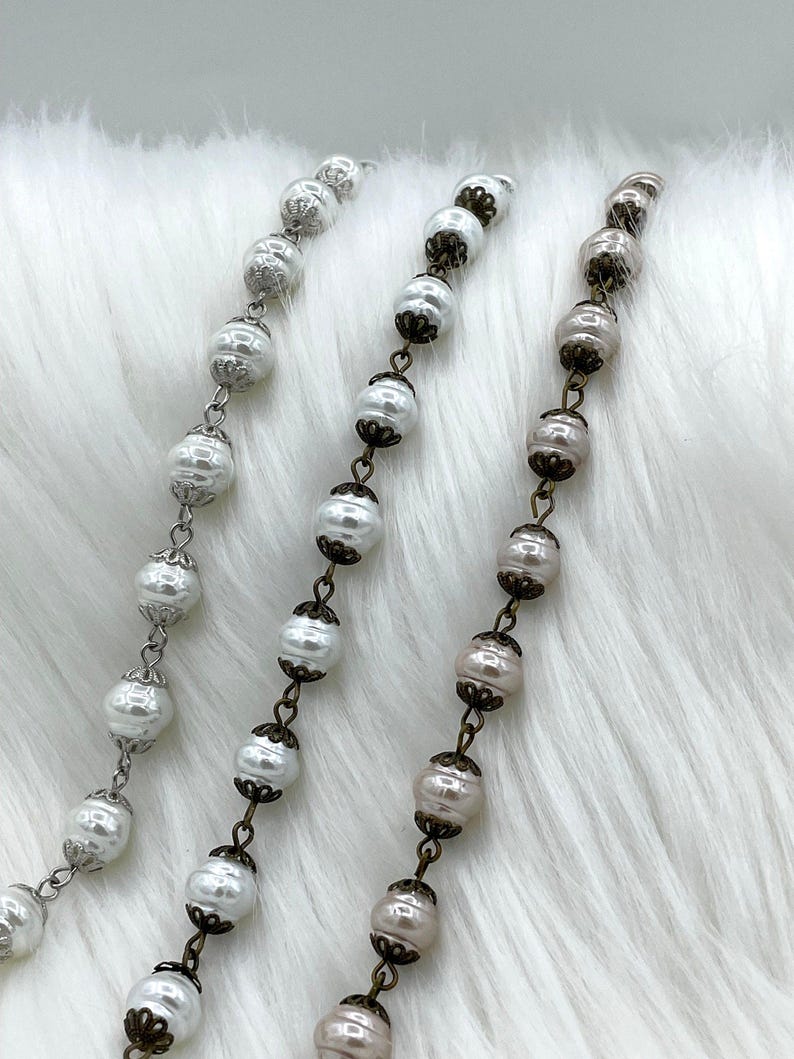 Vintage Porcelain Glass Pearl Freshwater Replica Beaded Chain,9mm Rosary Chain,White or Rose Dust.High Luster.Sold by the Foot Fast Shipping