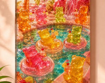 Gummy Bear Canvas Wall Art | Pool Party Print | Y2K Summer Decor | Cute Maximalist Art | Fun Gallery Canvas