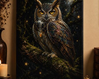 Gilded Great Horned Owl Matte Canvas Stretched 1.25" | Moonlit Night Wall Art