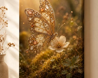 Golden Jeweled Butterfly Canvas Matte Stretched 1.25" | Woodland Floral Wall Art