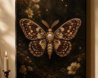 Jeweled Moth Artwork Matte Canvas Stretched 1.25" | Autumnal Victorian Filigree