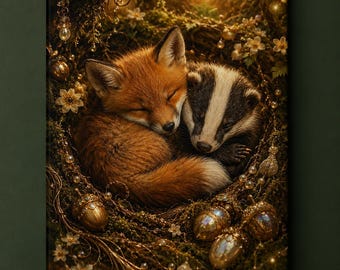 Sleeping Fox & Baby Badger Matte Canvas, Stretched Wall Art | Woodland Nest