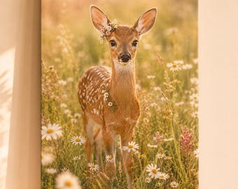 Woodland Fawn Floral Portrait Matte Canvas