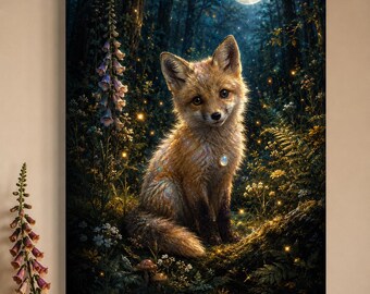 Moonlit Fox Kit Portrait Canvas, Stretched Matte 1.25" | Enchanted Forest Wall Art