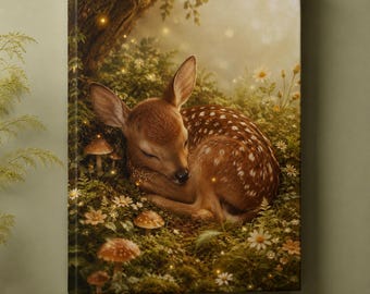 Sleeping Fawn Portrait Canvas Matte Stretched 1.25" | Enchanted Forest Nursery Art