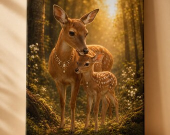 Doe and Fawn with Pearl Necklaces Canvas