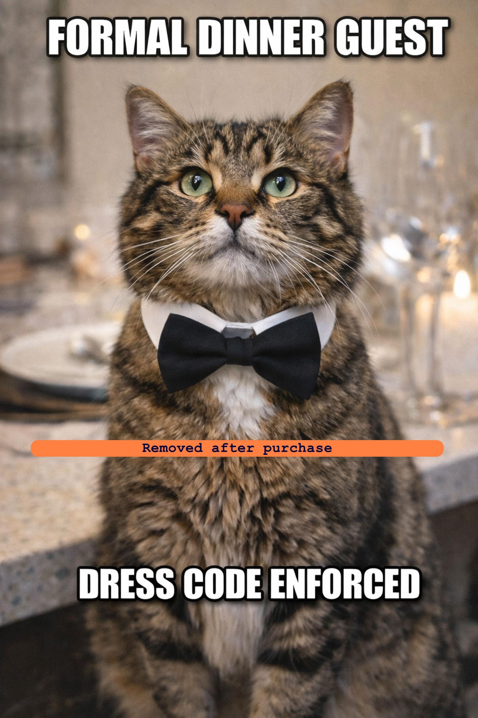 Funny Formal Cat Dinner Guest Poster, Bow Tie Tabby Meme Wall Art, Fancy Kitchen Decor, Dress Code Enforced Print, Digital Download Art