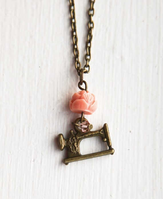 Sewing Machine Necklace Bronze Vintage Style Peachy Pink Etsy