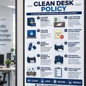 Può includere: Un poster incorniciato Clean Desk Policy con sfondo bianco, testo blu e dieci icone numerate che illustrano le pratiche di sicurezza. Il poster include istruzioni per bloccare documenti, computer e dispositivi in ufficio.