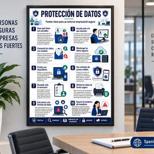 Könnte beinhalten: Ein gerahmtes Wandplakat mit dem Titel PROTECCIÓN DE DATOS, das zehn wichtige Punkte zur Datensicherheit in einem geschäftlichen Umfeld darstellt. Die Grafik enthält blaue und weiße Symbole, Computerillustrationen und spanischen Text.
