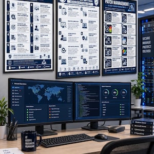 Könnte beinhalten: Ein Arbeitsplatz mit drei gerahmten Postern mit den Titeln Backup Best Practices, Device Lifecycle und Patch Management, zwei Computermonitoren mit Netzwerkdaten, einer dunkelblauen Tasse und einem Notizblock mit handschriftlichem Text.