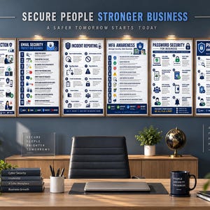 Könnte beinhalten: Ein Set aus sechs gerahmten Cybersicherheits-Postern mit dem Titel SECURE PEOPLE STRONGER BUSINESS, die Infografiken zu Datensicherheit, E-Mail-Sicherheit, Vorfallmeldung, MFA-Bewusstsein, Passwortsicherheit und Phishing-Aufklärung an einer dunklen Wand zeigen.
