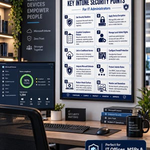 May include: A framed wall poster titled KEY INTUNE SECURITY POINTS For IT Administrators, featuring a numbered list of ten security tasks with icons. The poster is displayed in an office setting with a computer monitor, books, and a mug.