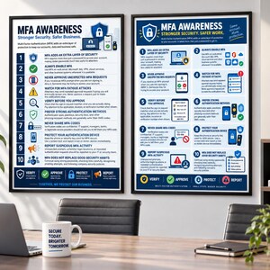 Op de afbeelding: Twee ingelijste posters getiteld MFA AWARENESS met genummerde lijsten en iconen die beveiligingspraktijken voor multi-factor authenticatie uitleggen. De posters bevatten tekst en afbeeldingen in blauw, wit en zwart.