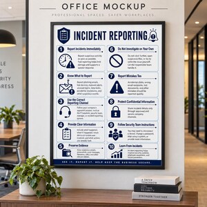 Könnte beinhalten: Ein gerahmtes Poster mit dem Titel INCIDENT REPORTING, das zehn nummerierte Schritte mit Symbolen und Textanweisungen zur Sicherheit am Arbeitsplatz enthält. Das Poster zeigt ein Schildsymbol, eine Uhr, einen Phishing-Haken, ein Headset, eine Zwischenablage, einen Ordner, einen durchgestrichenen Kreis, ein Warndreieck, ein Vorhängeschloss, eine Personengruppe und ein steigendes Diagramm.
