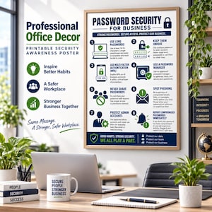 May include: A framed security awareness poster titled PASSWORD SECURITY FOR BUSINESS with eight numbered tips, icons, and text. The poster includes instructions on using long passwords, multi-factor authentication, and reporting phishing attempts.