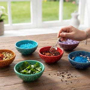 Może przedstawiać: Kolekcja małych, kolorowych ceramicznych misek wypełnionych różnymi składnikami, w tym przyprawami i ziołami. Ręka używa łyżki do nabierania z jednej z misek. Miski są ułożone na drewnianej powierzchni.
