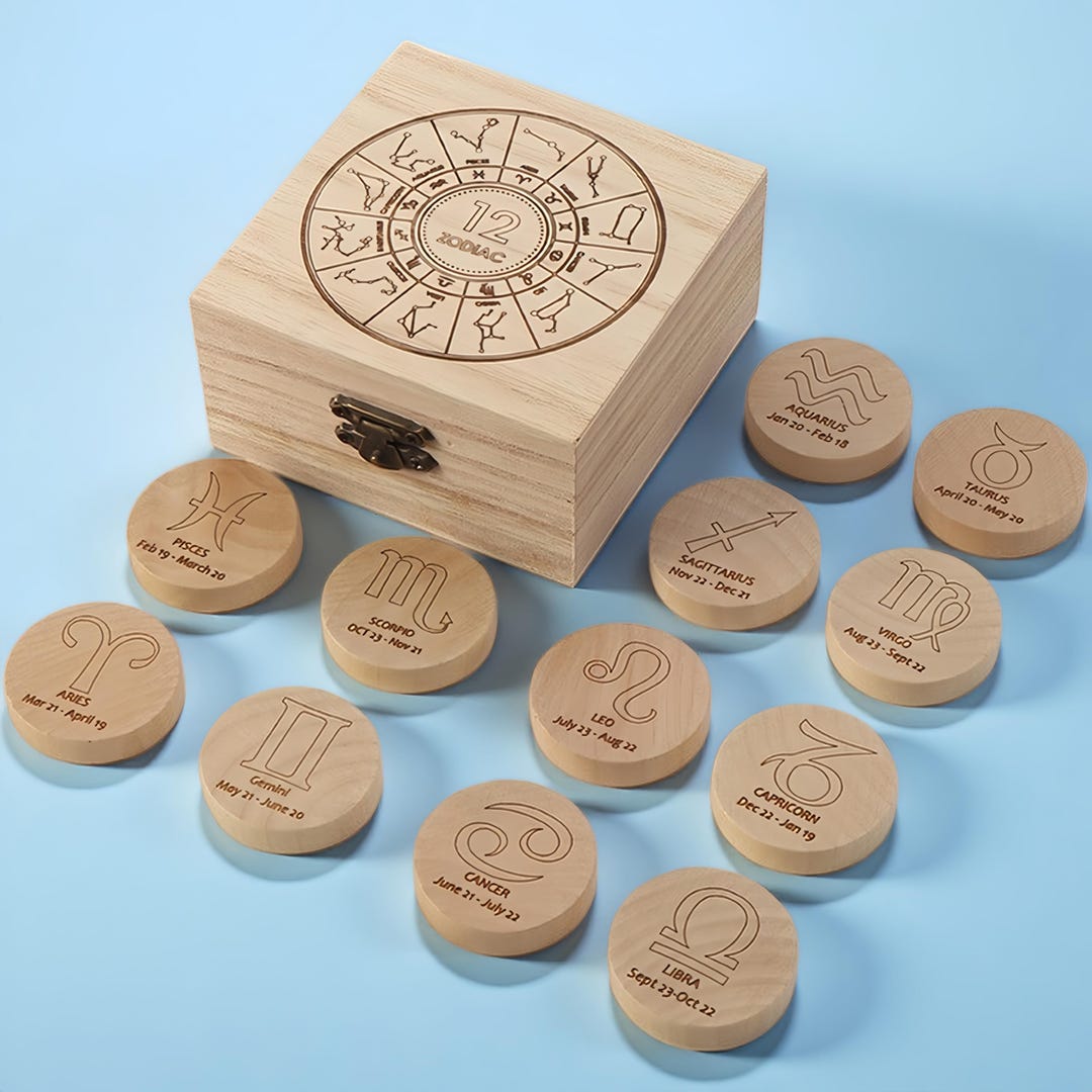 Witch Runes Zodiac Rune Set Wooden Divination Kit, 12 Astrology Signs ...