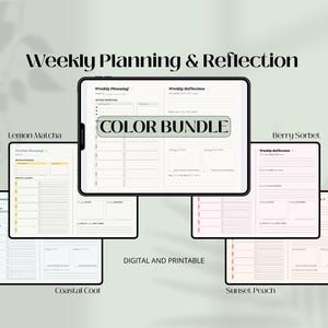 Könnte beinhalten: Digitale und druckbare Wochenplanungs- und Reflexionsvorlagen in verschiedenen Farbschemata, darunter Lemon Matcha, Berry Sorbet, Coastal Cool und Sunset Peach. Das Bild zeigt ein Tablet und mehrere Ausdrucke mit dem Text "COLOR BUNDLE".