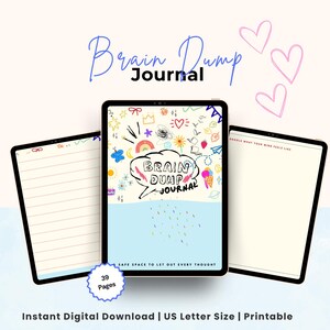 Könnte beinhalten: Ein digitales Brain Dump Journal auf drei Tablet-Bildschirmen. Der mittlere Bildschirm zeigt eine Sprechblase mit dem Text Brain Dump Journal, umgeben von bunten Kritzeleien und dem Text Safe Space To Let Out Every Thought darunter.