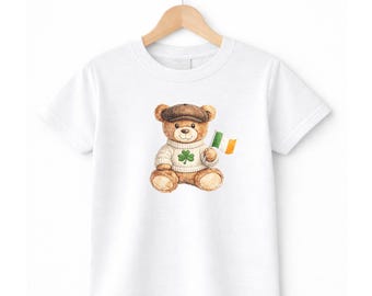 Irish Teddy Bear Kids Tee, St. Patrick's Day Shamrock Flag Shirt for Boys, St. Paddy's Day Crewneck Youth Shirt, Vintage Ireland Bear Shirt