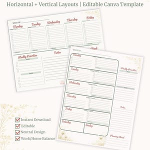 Peut inclure: Deux modèles de planificateur hebdomadaire avec des mises en page horizontales et verticales. Le texte "Weekly Planner" est en écriture cursive. Le planificateur comprend des sections pour chaque jour de la semaine, les priorités hebdomadaires et les notes. L'image comprend également le texte "Téléchargement instantané", "Modifiable", "Design neutre" et "Équilibre travail/vie personnelle".