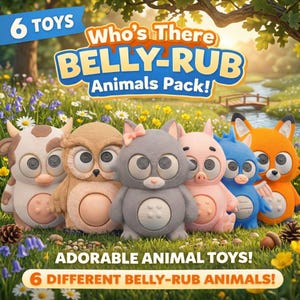Puede incluir: Una colección de seis adorables juguetes de animales, incluyendo una vaca, un búho, un gato, un cerdo, una criatura azul y un zorro. Los juguetes tienen ojos grandes y una función de frotamiento de la barriga. El texto "Who's There BELLY-RUB Animals Pack!" y "ADORABLE ANIMAL TOYS!" está incluido.