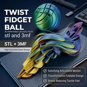 以下が含まれることがあります： マルチカラーのツイストフィジェットボールと翼型のフィジェットおもちゃ。ボールは緑と青の色合いのセグメント化されたセクションを持つ球形です。翼型のおもちゃは、金、紫、青の色合いのメタリック仕上げです。画像には「TWIST FIDGET BALL」と書かれています。