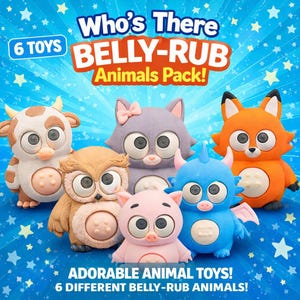 Puede incluir: Colección de seis adorables juguetes de animales, incluyendo una vaca, un búho, un gato, un zorro, un cerdo y una criatura azul. Cada juguete tiene ojos grandes y una función de frotar la barriga. El empaque dice "Who's There BELLY-RUB Animals Pack!"