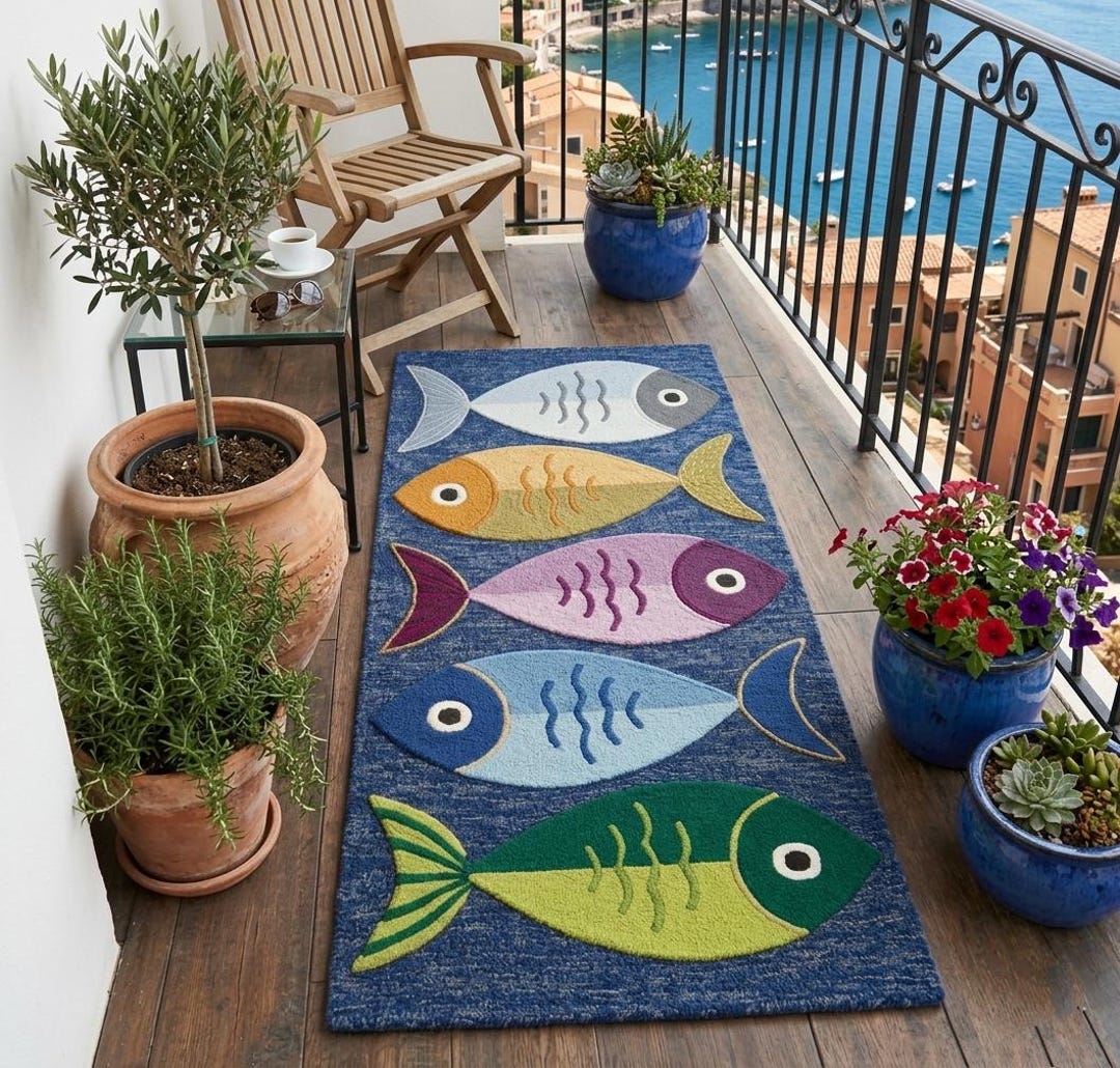 Outdoor Rugs With Fish Colorful Fish Rug, Coastal Outdoor Rug, Nautical Area Rug, Hand Tufted ...