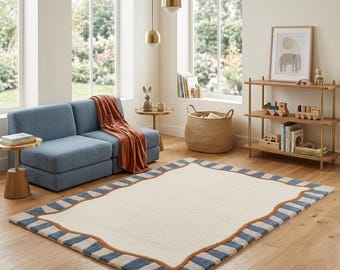 Handgetufteter Wollteppich, tropischer Pflanzenteppich, modernes skandinavisches Zuhause