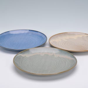 May include: Three ceramic oval plates in shades of blue, beige, and green. Each plate has a textured, concentric circle design. The plates are arranged on a white surface, showcasing their unique colors and textures.