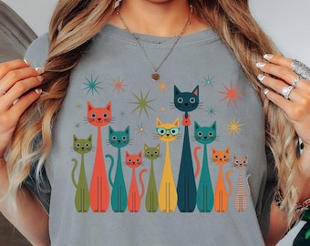 Comfort Colors® Colorful Cat Shirt, Retro Mid Century Cat T, Cute Cat Lover T, Funny Cat Graphic T, Vintage Style Cats T, Gift For Cat Mom