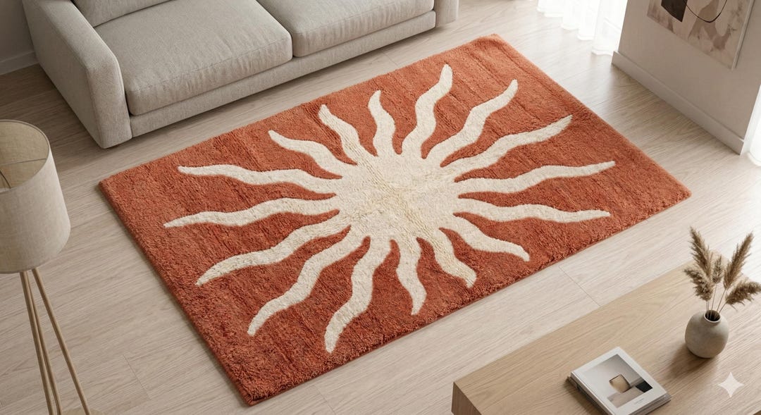 Hand Tufted Wool Sunburst Rug | Terracotta Cream Abstract Boho Carpet ...
