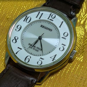 May include: A silver Reguno watch with a white face, black numerals, and black hands. The watch displays the text "REGUNO" and "SOLAR-TECH N.R. 10 bar". It has a brown leather strap.
