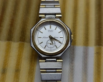 Vintage Seiko Silver Wave 1428-0060 Quartz Watch Two Tone Bracelet Japan Dress Watch Mens Retro Wrist Watch Working