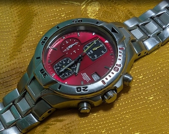 Rare Ricoh Chronograph Red Dial Vintage Japan Watch Mens Stainless Steel Sport Watch Working New Battery.case 38mm.