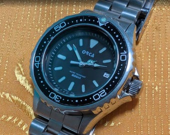 Vintage ORCA MA-536 Diver Style Watch 20BAR Water Resistant Black Dial Stainless Steel Working 32mm Japan