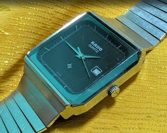 Reloj de cuarzo vintage RADO, esfera cuadrada negra, 30 mm, fabricado en Suiza, clásico, de lujo, para reparar, raro.