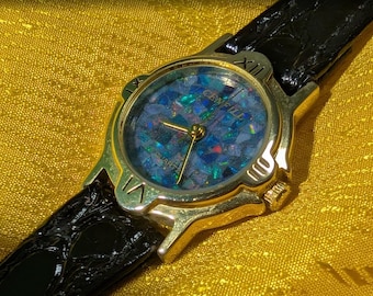 Vintage Cenfill Opal Dial Quartz Watch Gold Tone Case 25mm.Black Leather Strap Women’s Wristwatch Retro Elegant Gift Idea Japan.New battery