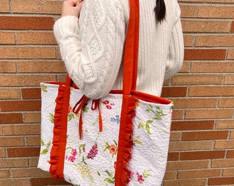 Upcycled Large Ruffle Tote Bag, Floral Quilted Cotton, Inside Zipper Pocket, Tie Closure
