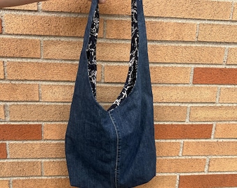 Upcycled Navy Denim Cotton Hobo Bag, Abstract Lining, Zipper Pocket, Magnetic Closure