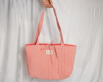 Upcycled Quilted Stripe Tote Bag, Coral Cotton, Inside Zipper Pocket, Tie Closure