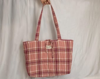 Upcycled Quilted Wavy Stripe Tote Bag, Pink Plaid Flannel, Inside Zipper Pocket, Tie Closure