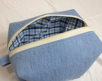 Upcycled Cotton Light Blue Denim Boxy Bag for Cosmetics, Supplies, Travel, Toys and More