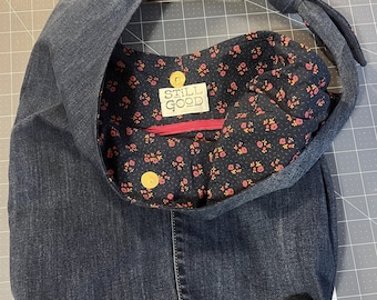 Upcycled Navy Denim Cotton Hobo Bag, Floral Lining, Zipper Pocket, Magnetic Closure